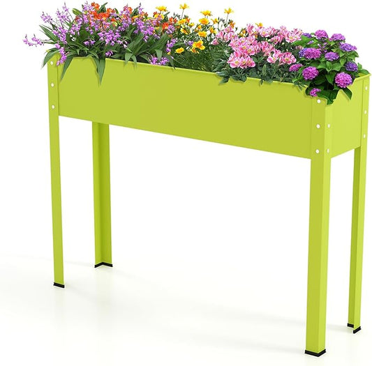 HAPPYGRILL Raised Garden Bed, 31.5” Elevated Planter Box w/Legs, Drainage Hole, Hemming Design, Metal Garden Box for Vegetable Herb, Outdoor Raised Beds for Gardening, Backyard Porch Balcony, Green