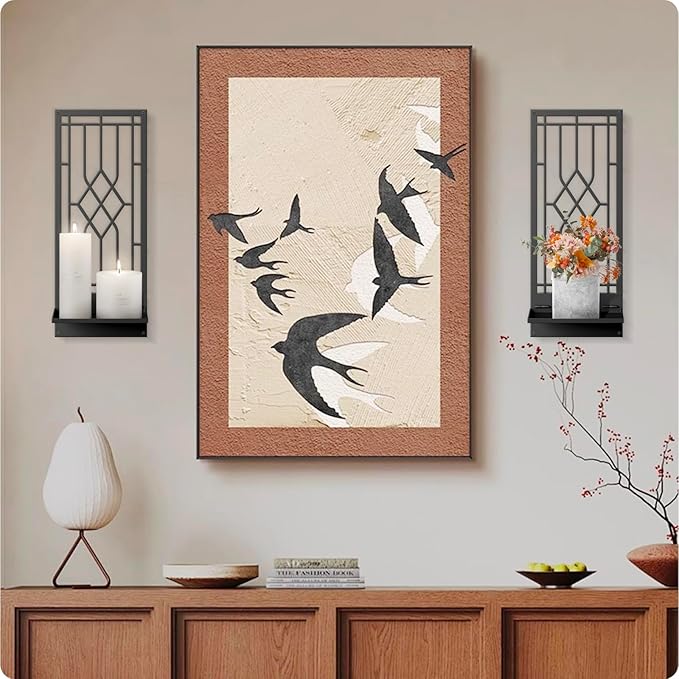 Wall Sconces Candle, Black Metal Wall Decor, Retro Wall Candle Holder for Living Room, Dining Room, Bedroom, Bathroom (2 Pack, 16.5 x 7 in)