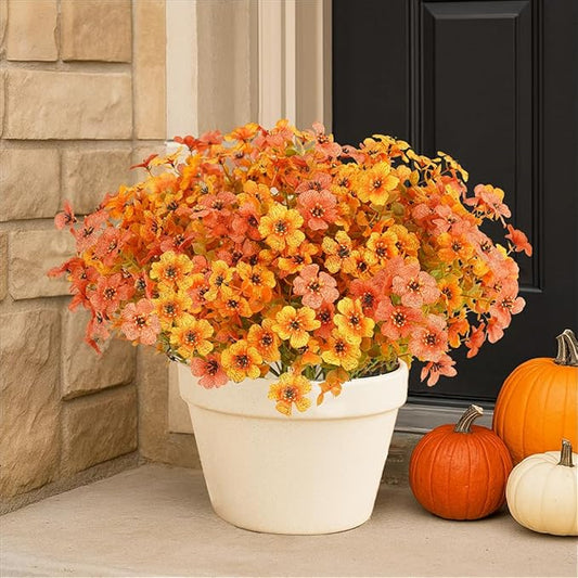 12 Bundles Artificial Flowers Plants for Outdoor Fall Home Decor, Faux Flower Daisy with Eucalyptus Leaves Fake Plants, UV Resistant Artificial Flowers for Garden Porch Patio Decor Orange Yellow