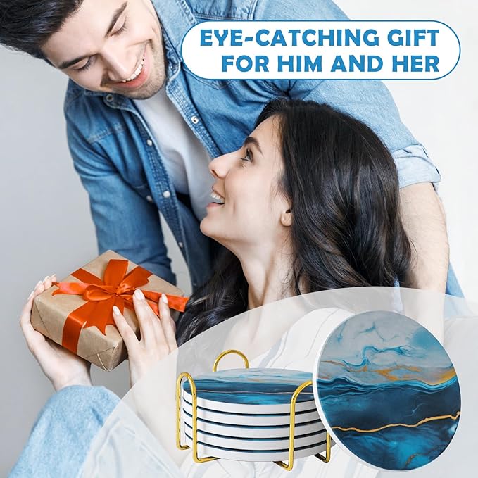 GOH DODD Coasters for Drinks Set of 6, Absorbent Marble Style Ceramic Coaster Tabletop Protection Home Decor with Metal Holder for Coffee Table, Housewarming Gifts Wedding Party, Blue, Round, 4 Inch