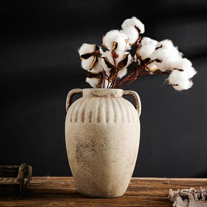 8.3 Inch Tall Large Ceramic Rustic Flower Vase for Home Office Decor, Boho Farmhouse Living Room Coffee Table Kitchen Bedroom Bathroom Wall Decor Aesthetic, Vintage House Shelf Decor -Beige