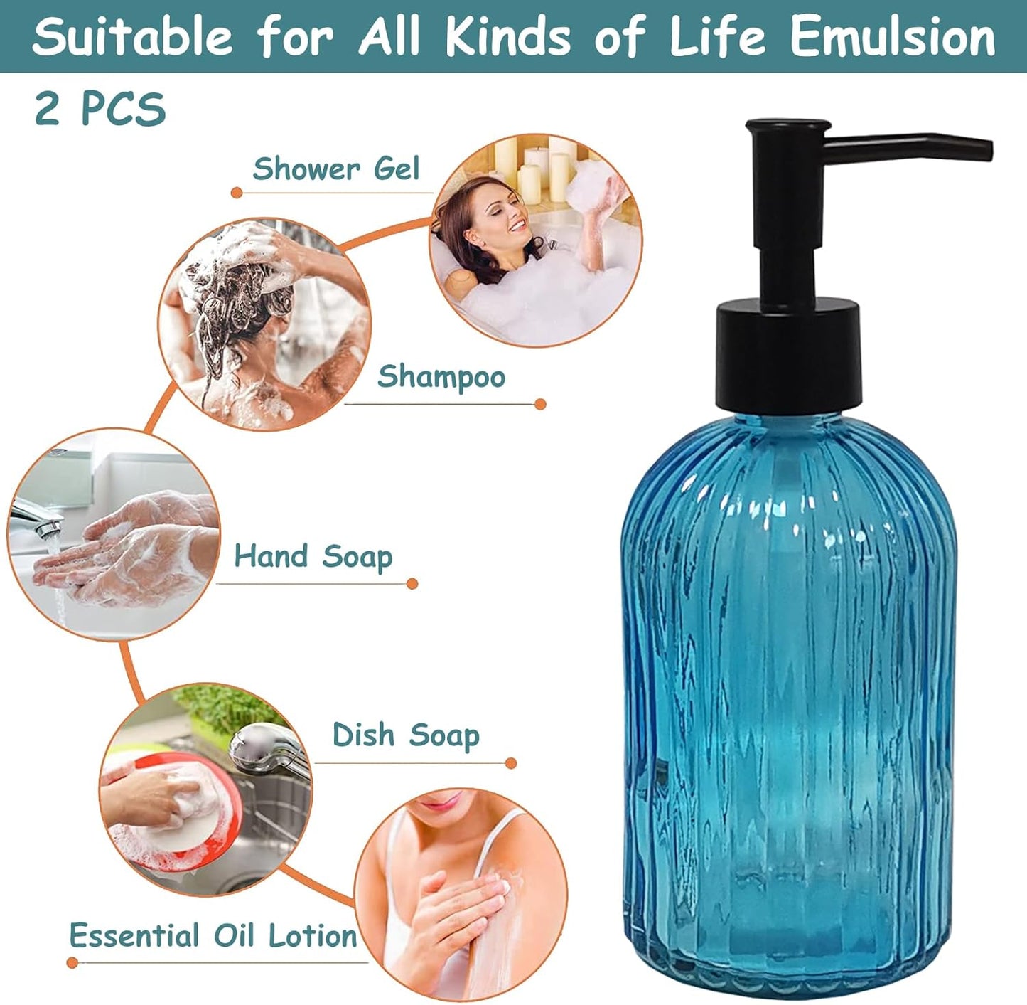 Blue Glass Soap Dispenser Set with Black Pump, 13.5oz Refillable Liquid Hand Soap Dispenser, Lotion Dish Soap Dispenser for Modern Home Decor, Kitchen Countertop, Bathroom, Hotel(2 Pack)