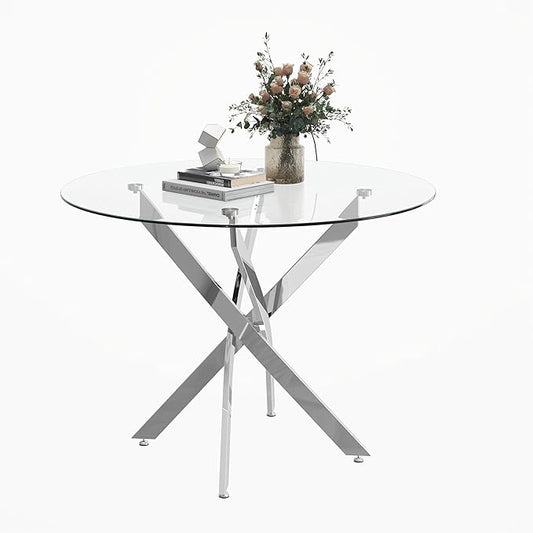 Round Glass Dining Table with Chromed Crossed Legs, 31.5" Modern White Glass Kitchen Table for Dining Room Kitchen, Silver