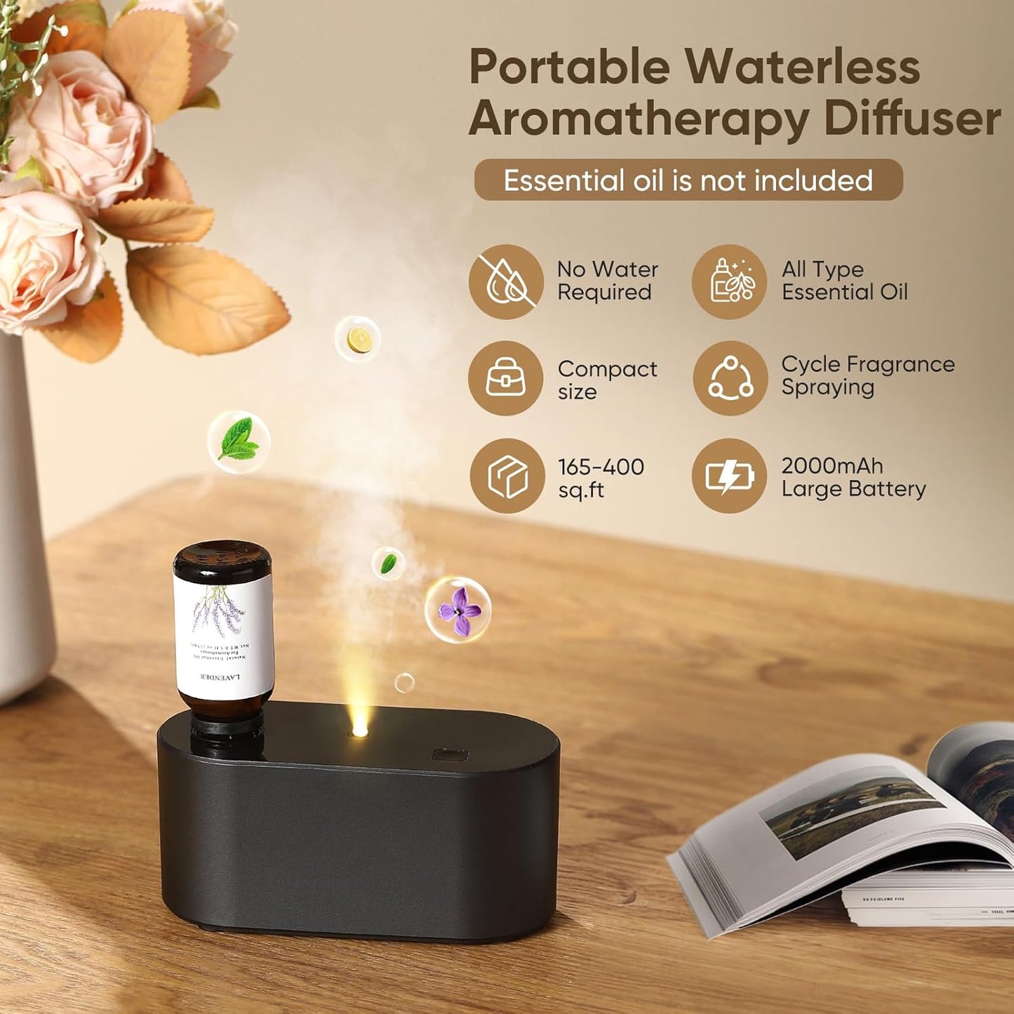 Waterless Diffuser for Home Essential Oil Diffuser, Aromatherapy Diffuser, Portable Scent Diffusers, 3 Mist Modes, Cycle Start for Bedroom, Office Studio 160-350 sq. ft Black