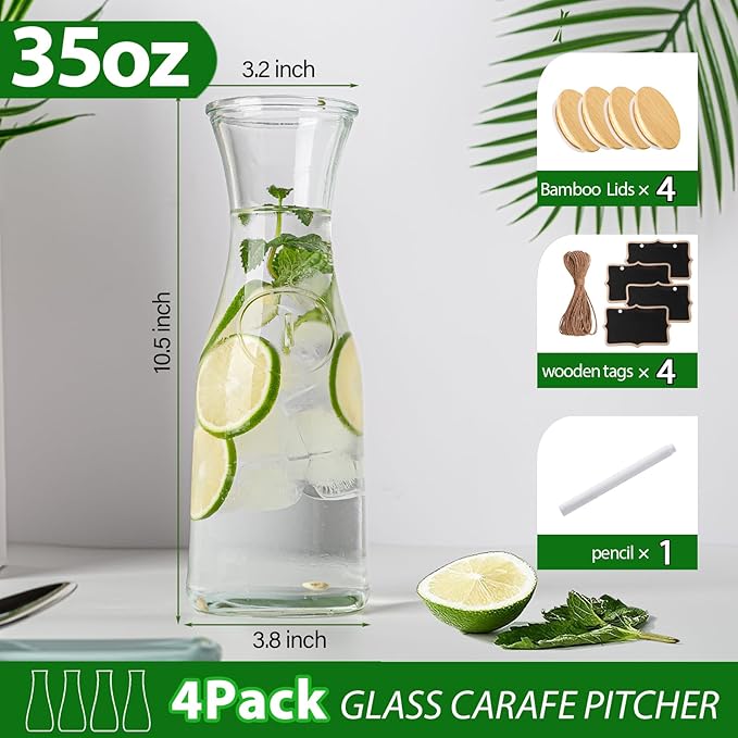 Glass Carafe Pitchers with Bamboo Lids, 4 pcs 1 Liter Beverage Serveware Pitcher Carafe Set for Mimosa Bar, Juice Container for Brunch, Cold Water, Juice -With 4 Wooden Chalkboard Tags
