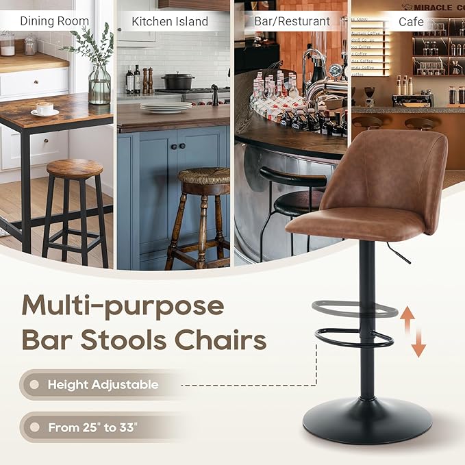 COLAMY Bar Stools Set of 6, Modern Swivel Bar Chairs, Adjustable PU Leather Upholstered Barstools Counter Height with Full Backrest for Bar, Dining Room, Kitchen Island, Brown