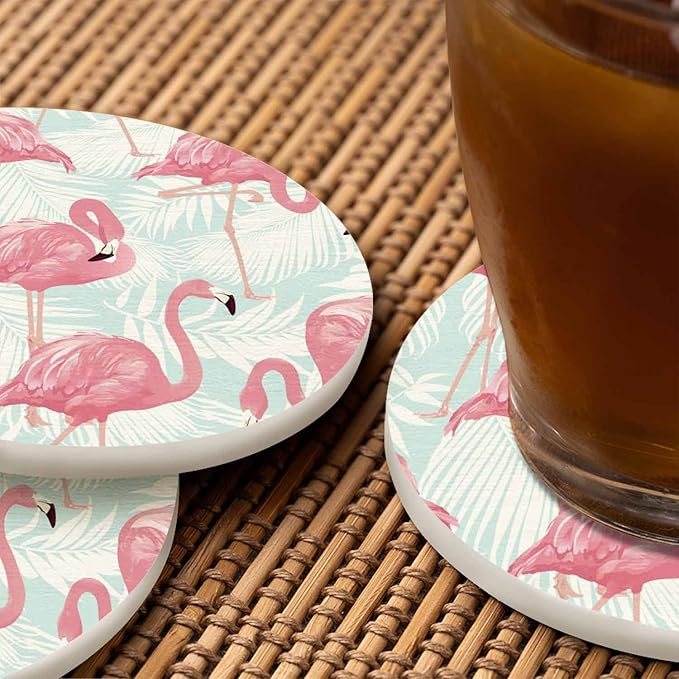 Flamingo Bird and Tropical Palm Anti Slip Coasters Elegant Tropical Pink Animal Romantic Cups Place Mats for Table Home Decor 4 Inches Living Room Kitchen Coffee Table,2 Pcs