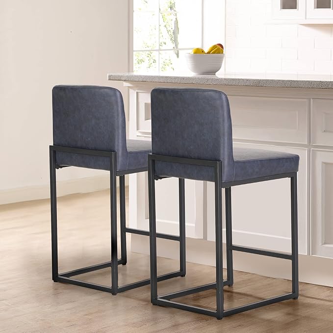 Sophia & William Blue Bar Stools Set of 2,Counter Height 24" Bar Stools, Modern Faux Leather Barstools with Back