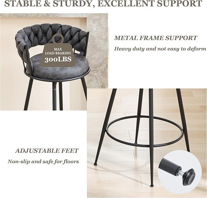 Counter Height Bar Stools Set of 2, 28 Inch Bar Stool with Metal Legs, 360° Swivel Barstools with Woven Back Leather Upholstered, Modern Chair for Kitchen Island, Cafe
