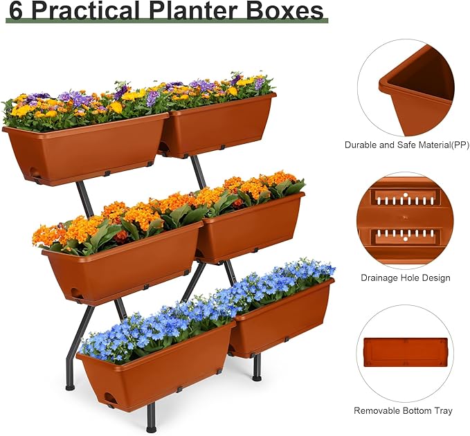 HEOMU 3 Tier Vertical Garden Planter with 6 Boxes, Vertical Raised Garden Bed with Adjustable Feet Pads, Raised Planter for Herb Flower Vegetable Plants in Patio Balcony Deck Indoor Outdoor, Brick Red