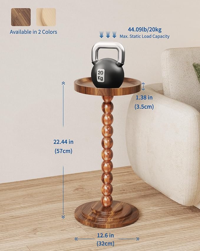 Round Wooden Side Table & Drink Table | Sturdy & Functional Mid-Century Design with Solid Wood Pillar for Living Room, Bedroom, Office & More