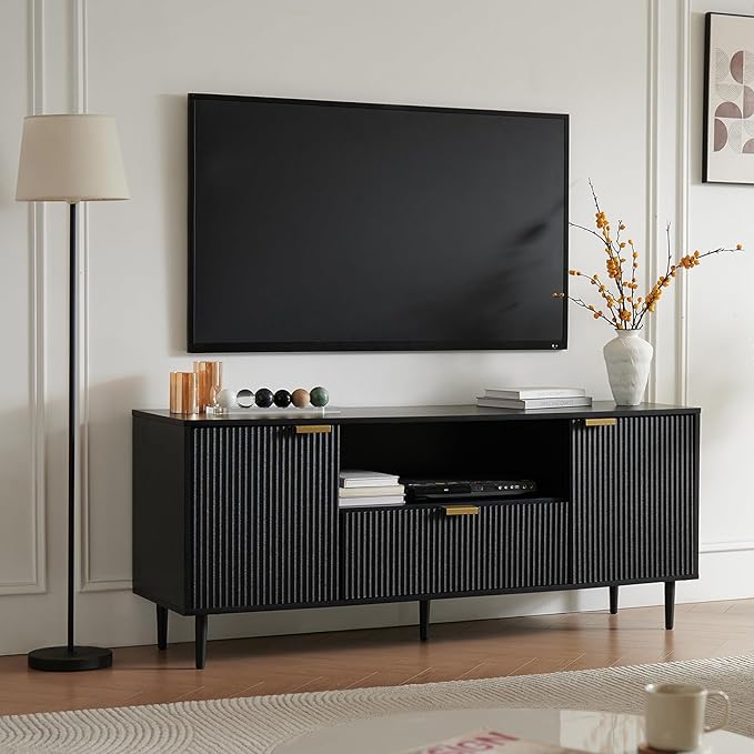 Okvnbjk Black TV Stand for 65 Inch TV, TV Consoles for Living Room, TV Stand for Bedroom w/Drawer and Storage, Wood Fluted Panel Media Console, Entertainment Center w/Soft Hinge & Cable Management