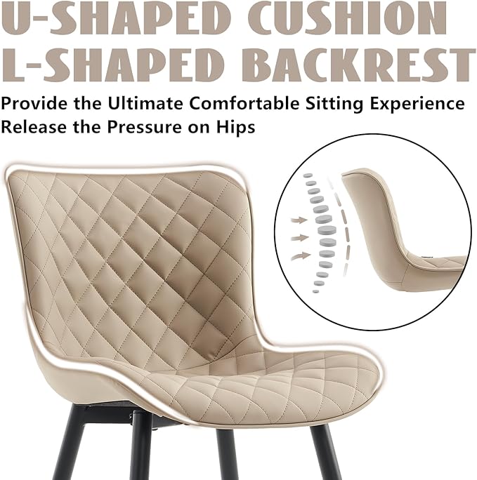 YOUTASTE Khaki Dining Chairs Set of 2 Mid Century Modern PU Leather Diamond Upholstered Accent Guest Dinner Chair with Back Metal Legs for Kitchen Living Reception Waiting Room