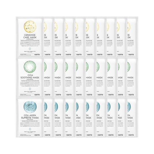 Hydrating Soothing Sheet Masks Gift Set for Skincare, Korean Vegan Sheet Mask for Dry, Sensitive Skin, Calming, Smoothing, Brightening, Collagen, Ceramide, Cica, Hyaluronic Acid 30EA