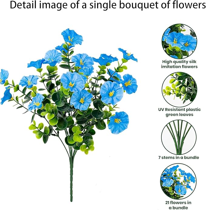 Artificial Outdoor Flowers 16 Bundles Fake Morning Glory Flower Outdoor UV Resistant Plastic Faux Flowers Plants for Decoration Indoor Outdoor Hanging Window Box Planter Home Porch Decor (Blue)