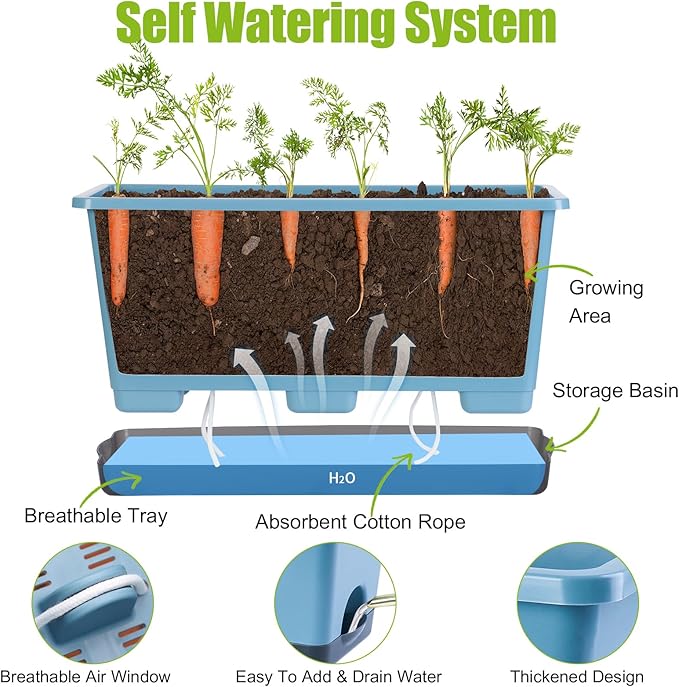 Window Box Planter 6 Pcs, 17 Inches Rectangle Flower Pots with Drainage Holes and Trays, Vegetable Planters for Windowsill Patio Garden Balcony Indoor Outdoor (Blue, 17 * 7.4 * 7.8 inch)