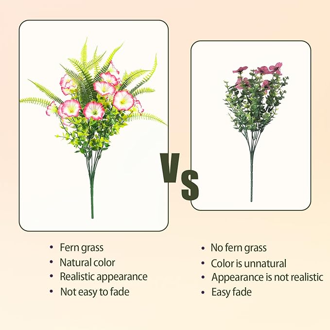 Artificial Flowers Outdoors 12 Bundles Pink Artificial Petunias Fake Flowers UV Resistant Shrubs Plants with Fern for Indoor Outside Hanging Planters Home Garden Summer Decorations