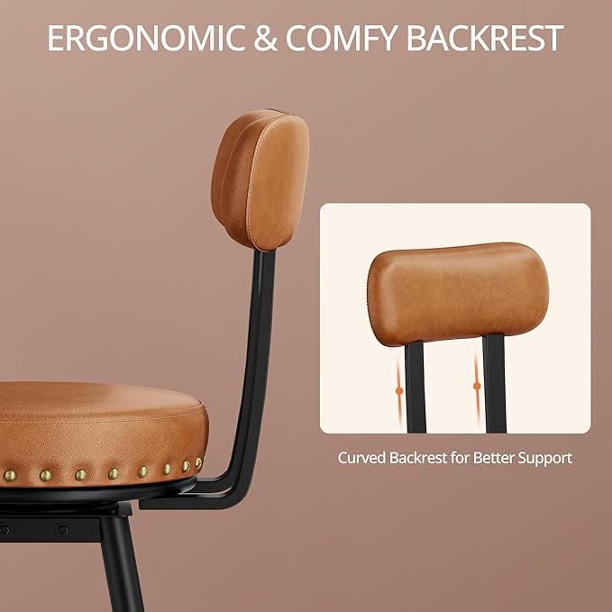 IRONCK Counter Height Bar Stools Set of 2, 26" Swivel Barstools with Backs, Hand-Riveted Design, Wide Seat, PU Leather Upholstered, Armless Bar Chairs for Kitchen Island, Brown
