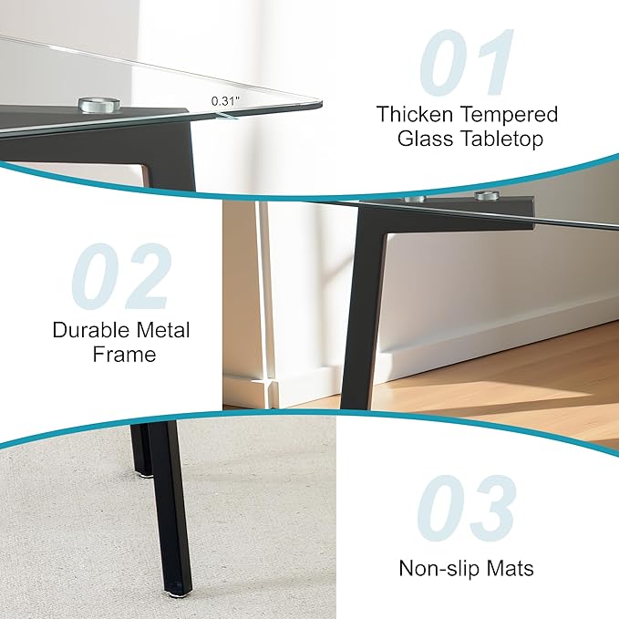 Dining Table for 6 Kitchen Table 51" Rectangular Modern Glass Dining Table Kitchen & Dining Room Tables with Glass Tabletop and Metal Legs for Dining Room and Kitchen, Black
