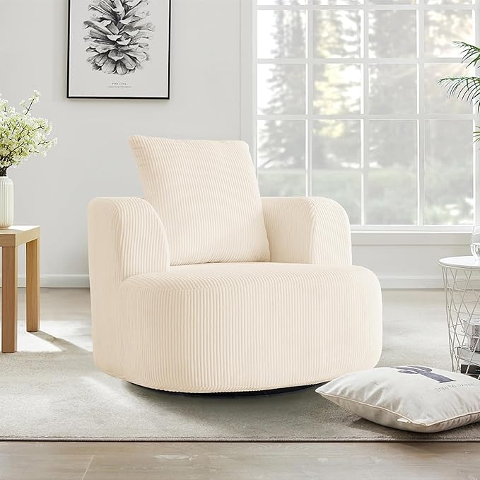 Furnimart 360° Swivel Barrel Accent Chair Set of 2, Round Upholstered Comfy Lounge Chair, Corduroy High-Resilienc Foam Single Sofa, No Assembly Wide Seat for Living Room, Bedroom, Apartment (Beige)