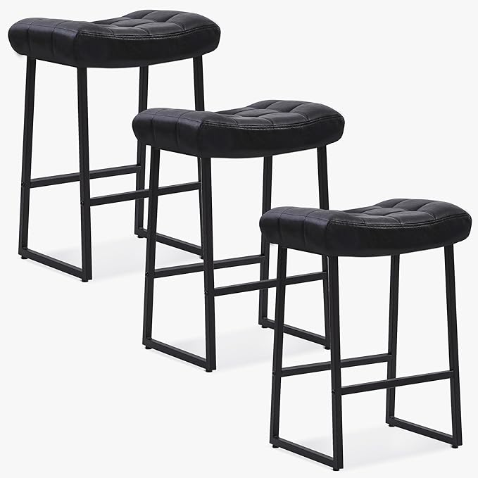 Black Modern Bar Stools Set of 3 for Kitchen Counter 24 inch Counter Height Backless Barstools with Upholstered Faux Leather Saddle Seat and Metal Frame Industrial Bar Chairs