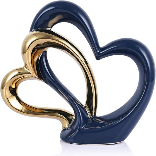 Ceramic Heart Decor Love Statue, Navy Blue Gold Double Hearts Sculptures for Home Table Centerpiece Decor, Valentine, Wedding, Decorative Items for Shelves, Coffee Table Decor (Double Heart)