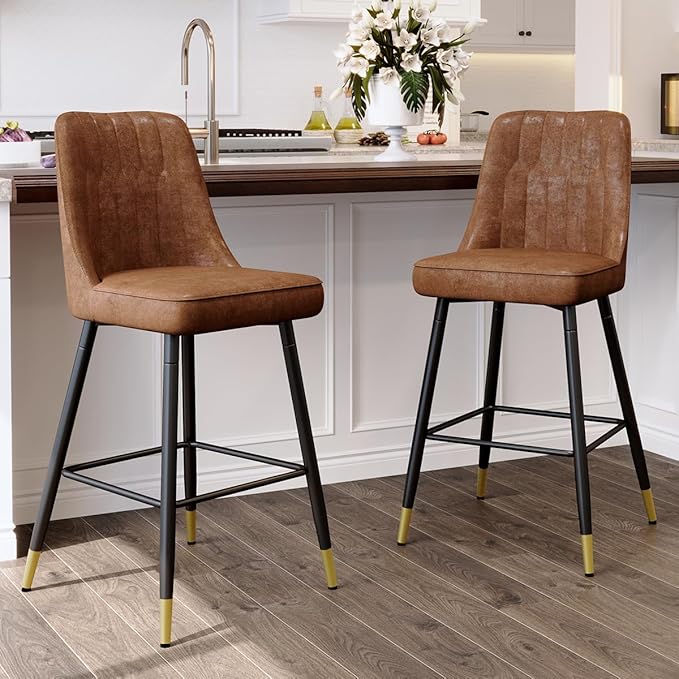 Counter Height Bar Stools Set of 2,Modern Bar Stools Set of 2,Brown Faux Leather Barstools with Back and Footrest,27" Bar Chairs for Kitchen Island,Cafe,Pub,Bar,Dining Room,Hold Up to 500 LBS