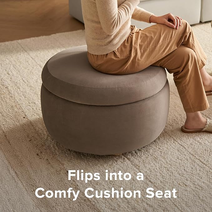 mopio Luna Round Ottoman with Storage and Tray, Round Coffee Table with Storage, Upholstered Foot Stools Ottoman for Living Room, Bedroom, with Solid Rubberwood Legs (Mocha Brown Premium Velvet)