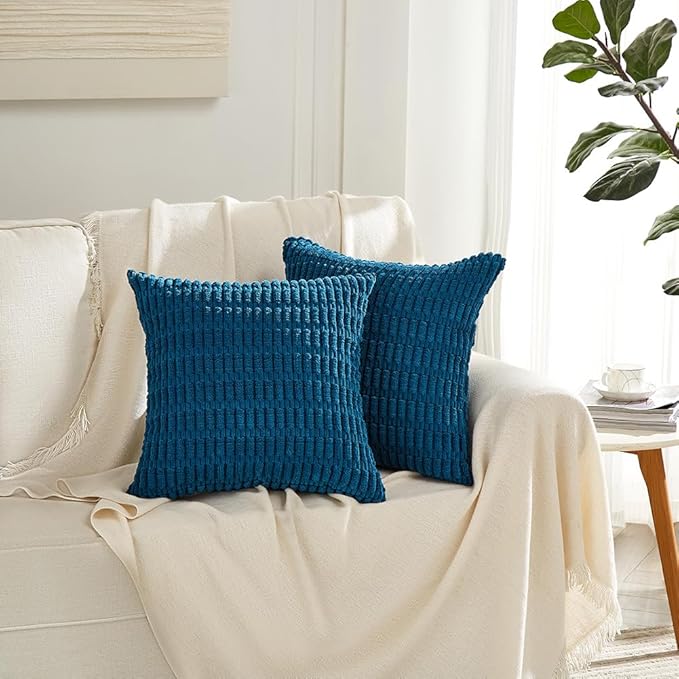 Fancy Homi 2 Packs Teal Decorative Throw Pillow Covers 16x16 Inch for Living Room Couch Bed Sofa, Rustic Farmhouse Fall Home Decor, Soft Striped Corduroy Square Cushion Case 40x40 cm