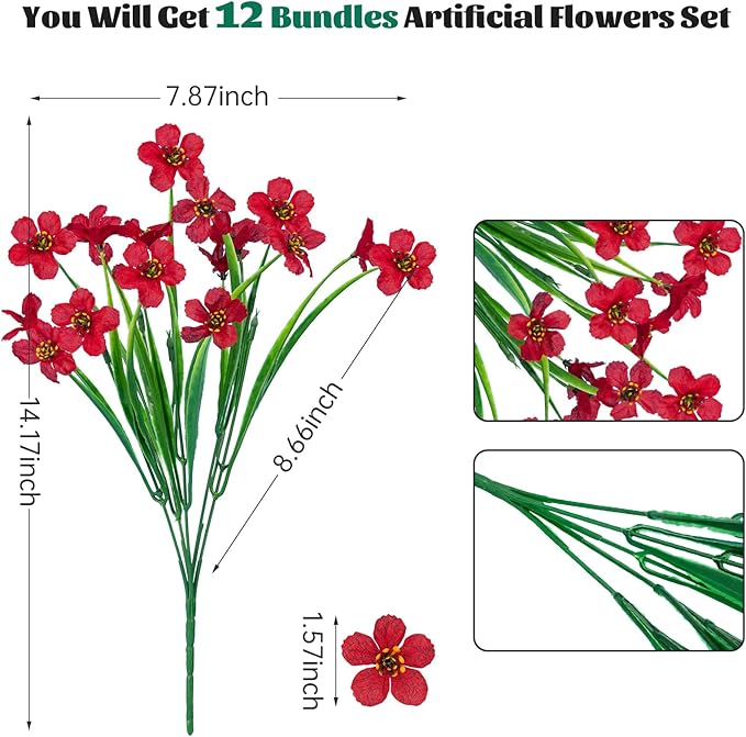 Lnoicy 12 Pcs Artificial Flowers for Outdoor,Plastic Flowers Decoration, UV Resistant Faux Flowers Shrubs, Artificial Plants for Indoor Outside Garden Home Wedding Farmhouse（Rose Red）