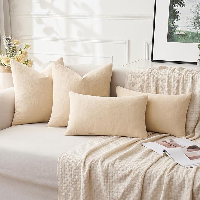 MIULEE Beige Couch Pillow Covers 18x18 Inch, Set of 2 Soft Chenille Decorative Square Throw Pillow Covers Farmhouse for Sofa Living Room Bed