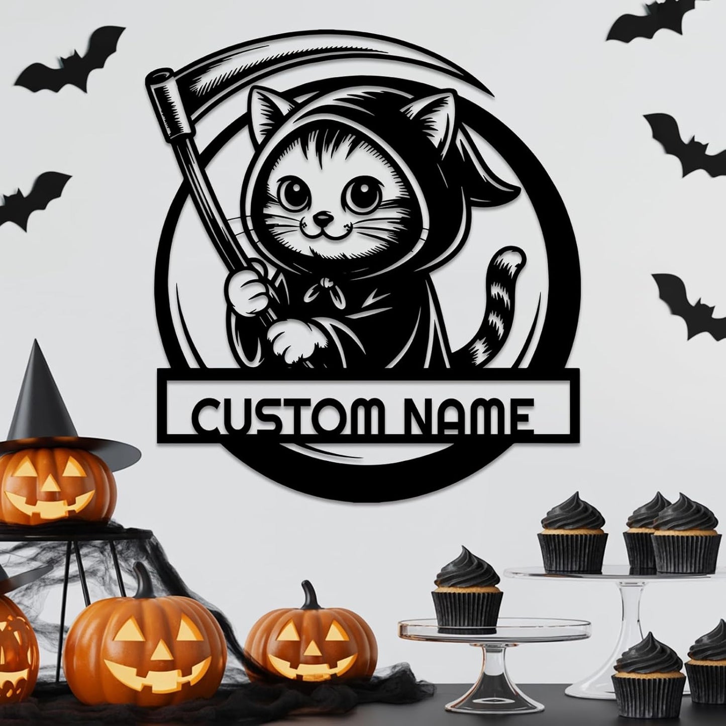 Personalized Scythe Cat Metal Sign, Custom Name Halloween Metal Wall Art, Cute Halloween Decor for Home, Living Room, Porch or Door, Halloween Decorations Outdoor/Indoor