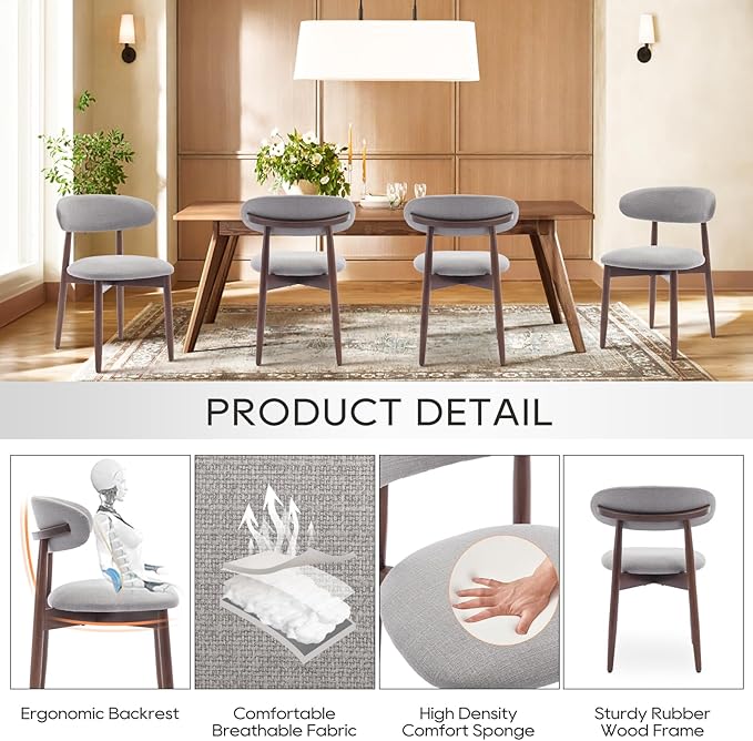 COLAMY Wooden Dining Chairs Set of 6, Modern Fabric Upholstered Dining Room Chair, Farmhouse Kitchen Chairs with Foot Pegs, Light Grey