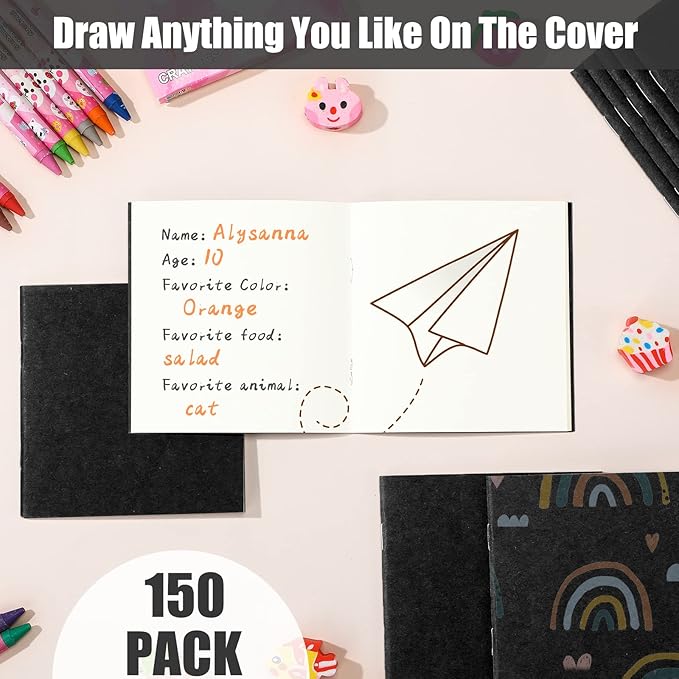 Thenshop 150 Pack Mini Notebooks Bulk Small Notepad Unlined Journals Pocket Blank Sketchbooks Kids Students Gifts Back to School Supplies 4 x 4 Inch 24 Sheets(Black)