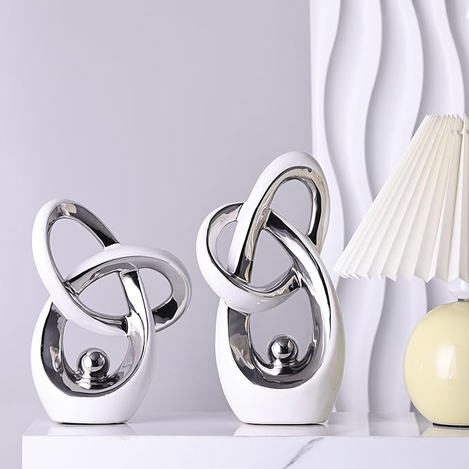White Silver Modern Abstract Art Home Accent, Statues Coffee Table Decor, Table Centerpieces for Dining Room, Ceramic Sculptures and Gold Knick Knacks for TV Stand Decor