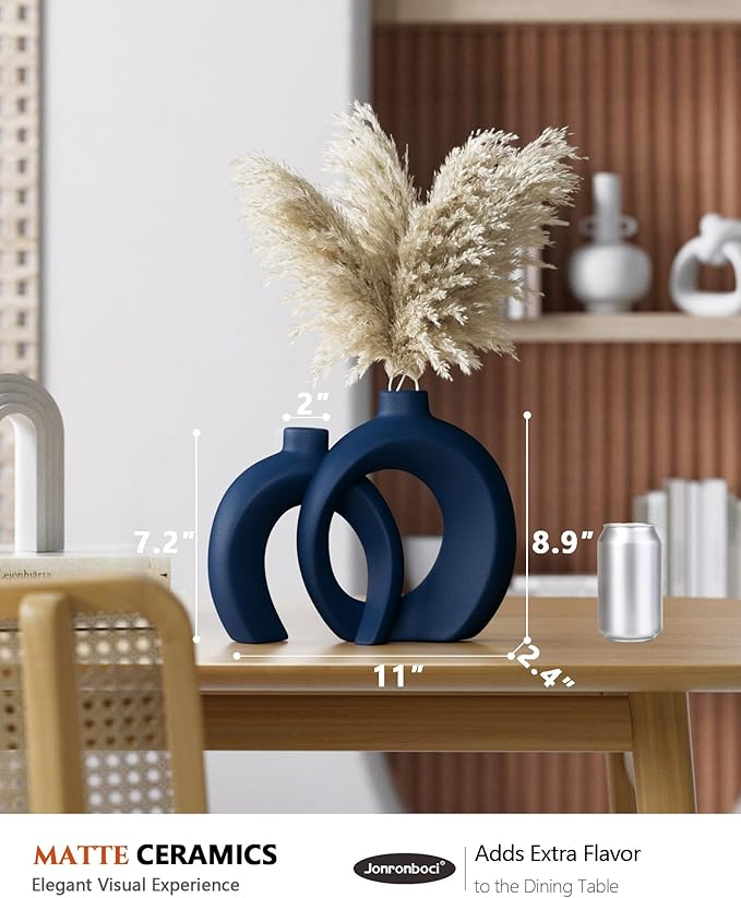 Blue Vase Set of 2 - Donut Navy Vases Home Decor, Modern Coastal Decor - Decorative Vase, Ceramic Decorations for Living Room Coffee Table Bookshelf Shelf Console Mantle (Matte Navy Blue)