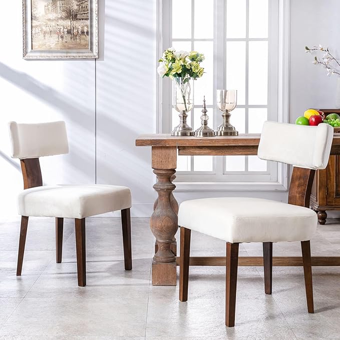 Mid Century Modern Dining Chairs, Farmhouse Velvet Upholstered Accent Chair Curved Backrest Kitchen Chairs Set of 2, with Hardwood Frame, Cream, Velvet-beige