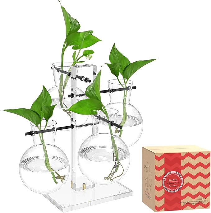 Plant Terrarium with Acrylic Stand Plant Propagation Station Air Planter 4 Bulb Glass Vase Metal Swivel Holder Plant Gift for Hydroponics Home Garden Office Decoration