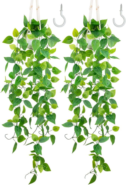 LOYWREE 2 Pack Artificial Hanging Plant Kit with Pot and Hanger - 39" Long Fake Pothos Vines - Hanging Potted Faux Plant Indoor for Wall Ceiling Bedroom Bathroom Living Room Home Decor (White Pot)