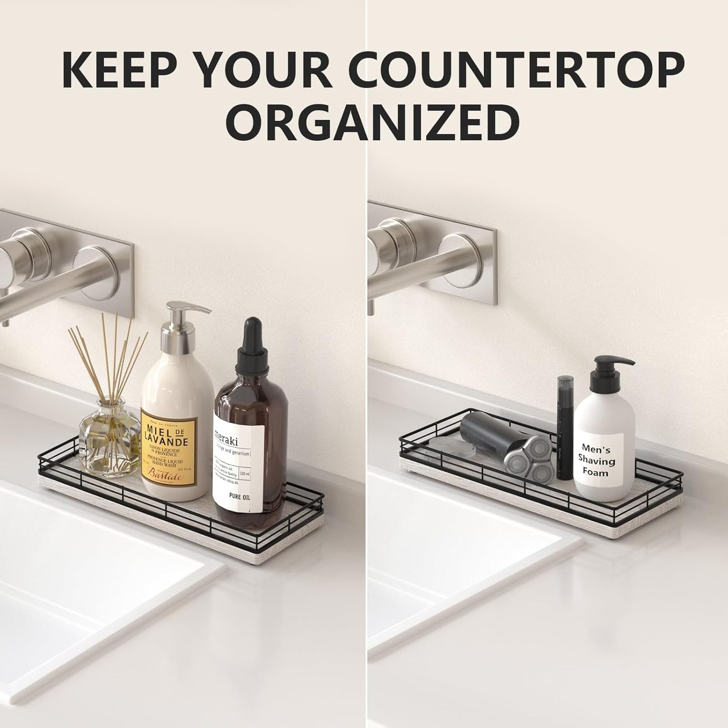 Bathroom Tray for Counter Top Organizer – Ash Wood Vanity Tray with Metal Frame for Dresser, Kitchen, Nightstand – Black & Farmhouse White Decorative Storage