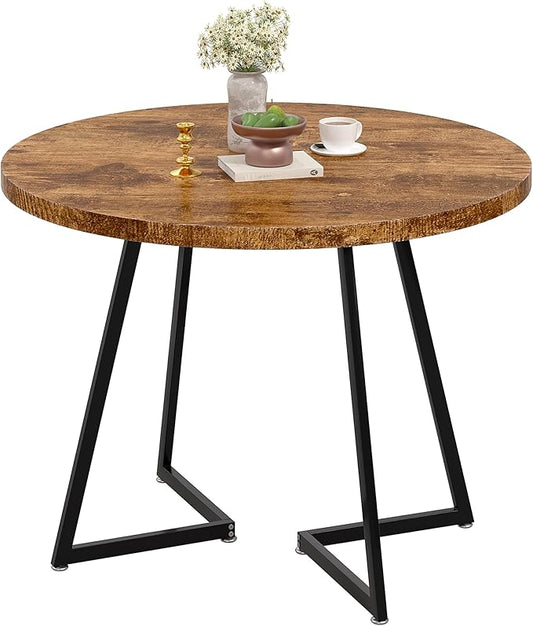 VECELO 35" Round Dining Table for 4, Wood-Grain Tabletop & Heavy-Duty Steel Frame, for Kitchen, Living Room, Easy Assembly, Antique Brown