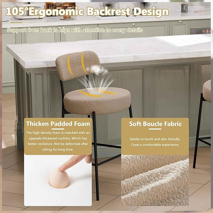 DYHOME Bar Stools Set of 4, Light Brown 27.56 Inches Counter Height Bar Stools with Back & Metal Frame, Modern Upholstered Tall Barstools for Kitchen Island, Pub