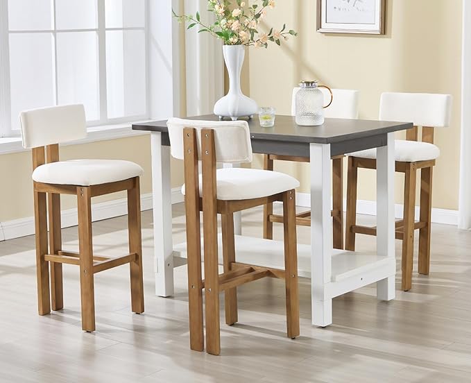 Upholstered Farmhouse Bar Height Bar Stools Set of 4 White Chenille Barstools with Back/Solid Wood Legs, Modern Tall Bar Chairs for Kitchen Island/Home Bar/Pub, 30 Inch