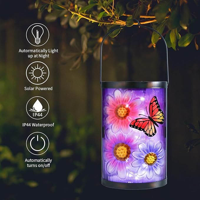 Afirst Hanging Solar Lantern Outdoor Butterfly Glass Lights Waterproof LED Lamp for Garden Yard Tree Desk Decor