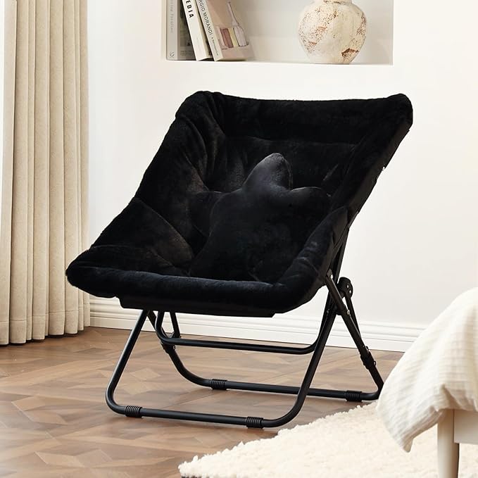 Welnow Comfy Saucer Chair, Oversized Folding Reading Chair for Adults with Throw Pillow Soft Faux Fur Lounge Chair for Bedroom Furry Accent Chair for Living Room, Dorm Rooms, Black