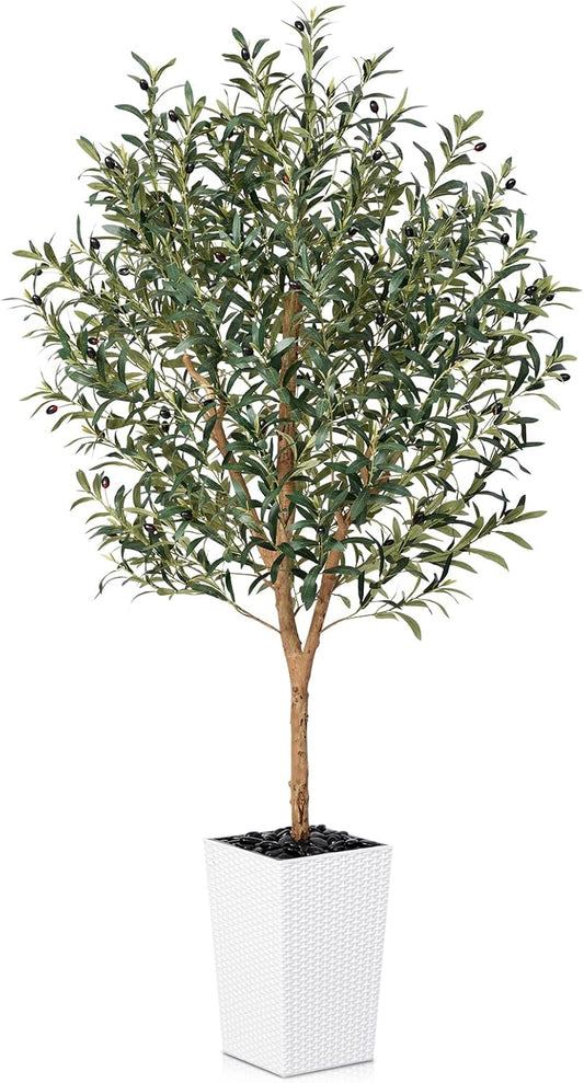 Artificial Olive Tree 6FT, Faux Olive Trees with Real Wood Trunk, UV Resistant Fake Plants in Planter & River Rocks, Indoor Tall Silk Plant for Home Living Room Office Outdoor Decor, VN133