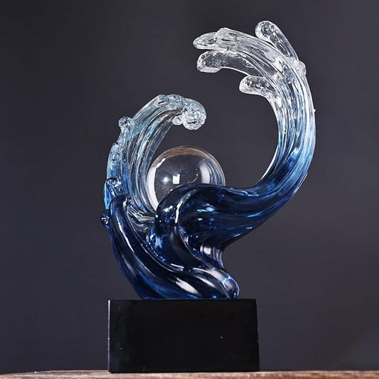 Modern Abstract Decorative Wave Statue, Gold Abstract Art Home Decor,Crystal Ball Art Wave Resin Sculpture, Office Desk Stand, Dining Table Center Decorative Aesthetics (Blue)