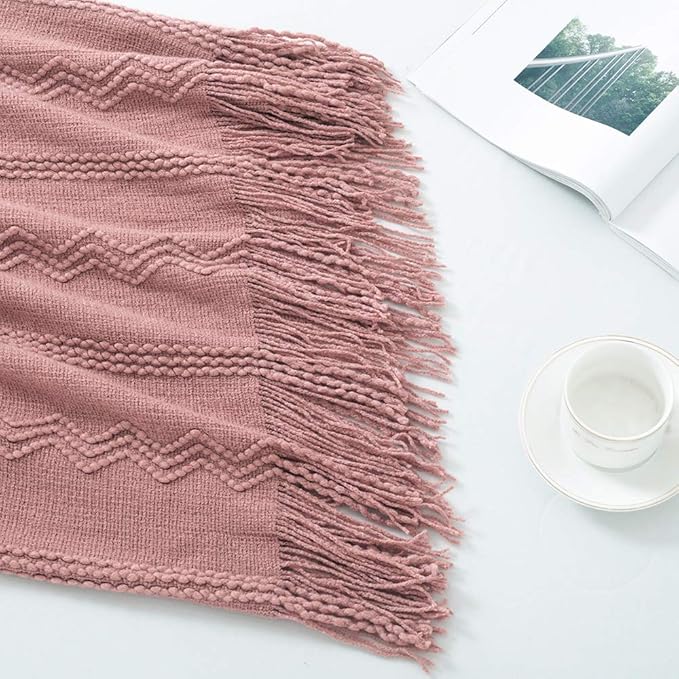 BOURINA Coral Pink Throw Blanket 50x60 Inches Throw Textured Solid Soft Sofa Couch Decorative Knit Blanket