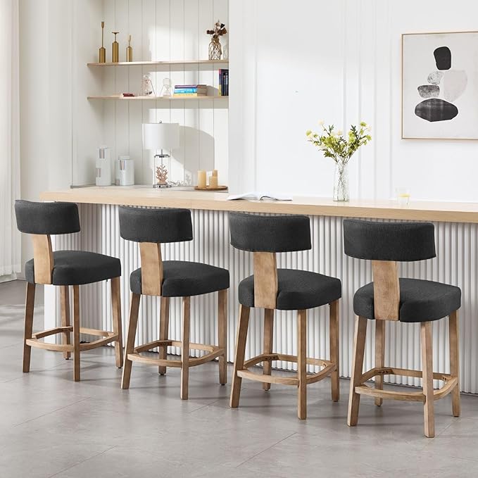 Linen Bar Stools Set of 4, Upholstered 27.7'' Counter Height Barstools with Curved Back, Farmhouse Wood Bar Chairs for Breakfast, Kitchen Island, Cafe, Gray