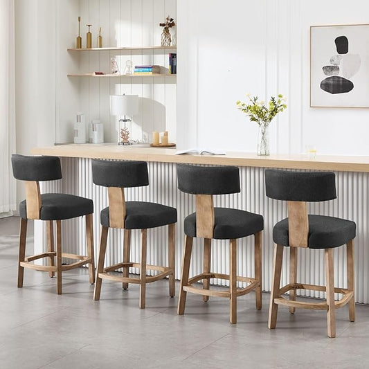 Linen Bar Stools Set of 4, Upholstered 27.7'' Counter Height Barstools with Curved Back, Farmhouse Wood Bar Chairs for Breakfast, Kitchen Island, Cafe, Gray